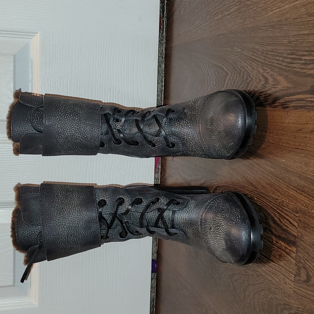 Tory Burch Black Leather Heeled Lace Up Combat Boots Sz 8
